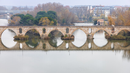 Stone Bridge crossing the Duero River, with reflection. Zamora, Spain.