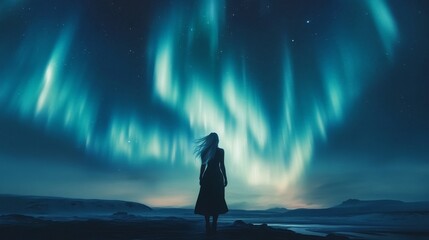 Fototapeta premium Girl silhouette admiring the northern lights over a stark landscape at night