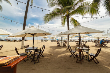 beach chairs and umbrellas