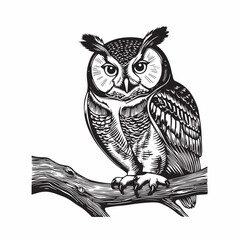 A wise cartoon owl with big eyes and brown wings sits on a tree branch at night