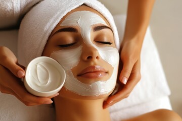 Facial mask application, spa treatment, relaxation, beauty, skincare, close-up