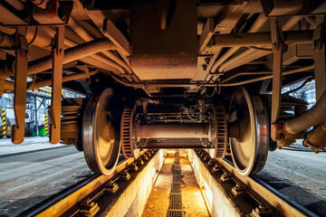 The undercarriage of a passenger railway car with a wheelset and disc brake, during maintenance in the depot.