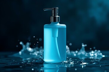 Shower gel and soap bottle with pump, dark blue background, water splash, cosmetic product demonstration