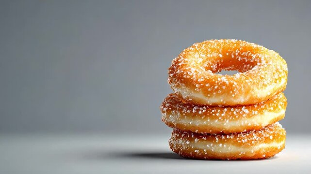 Three delicious donuts stacked on a gray surface, showcasing their sugary glaze and texture