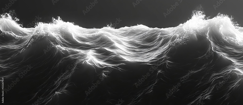 Fototapete A black water background featuring ripples. The wave surface of a dark ocean or sea created in computer graphics. A 3D rendering of a black texture resembling water, oil, or petroleum with waves and