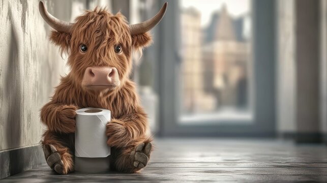 This charming image features a fluffy Highland cow holding a roll of toilet paper, bringing humor and warmth to any space. The background is softly blurred, focusing on the cow.