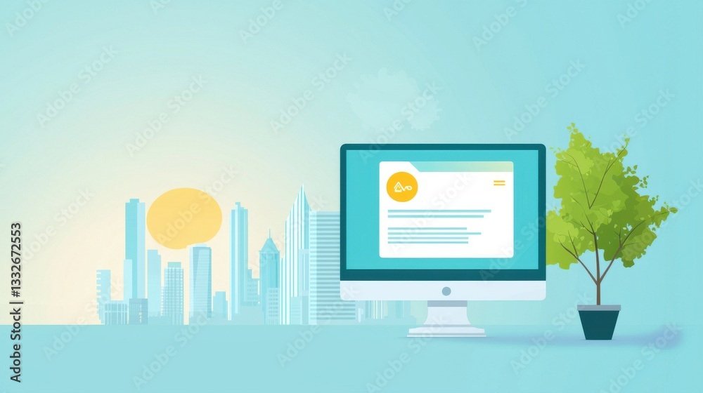 Poster modern desktop computer displaying web page with city background