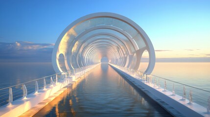 Obraz premium A contemporary white arch bridge over shimmering water, framed by a city skyline