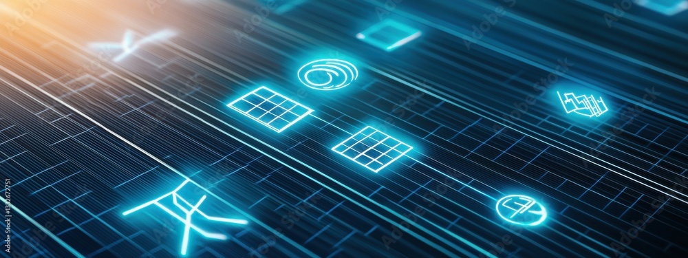 Wall mural futuristic digital network with glowing icons and data streams