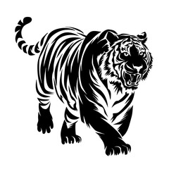 Obraz premium Dynamic black silhouette of a roaring tiger in an aggressive pose, symbolizing power and strength