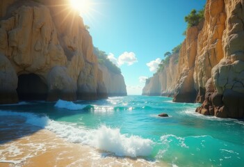 Fototapeta premium stunning coastal rock formations surrounded gentle waves under bright blue sky captured vibrant colors textures, beach, coastline, ocean, surf, shore