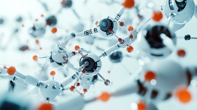 Futuristic Nanotechnology Concept with Self-Replicating Nanobots and Ultra-Detailed Microscopic Robots Assembling Molecular Structures with Precision, Isolated on White Background