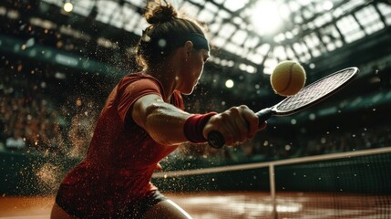 An athlete striking a tennis ball during an intense match, capturing the energy and focus of the moment amidst a bustling crowd and stadium ambiance.
