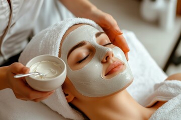 Woman gets facial mask in beauty salon with soft focus on shelf. Use for beauty, spa, wellness