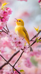 Yellow bird singing amidst pink cherry blossoms, showcasing spring's arrival and nature's beauty, symbolizing renewal and joy