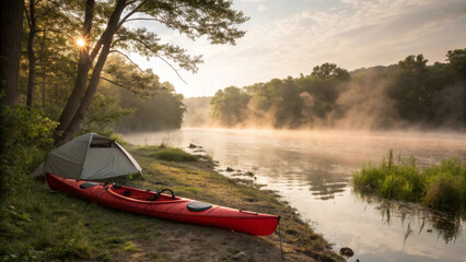 Fototapeta premium Red Kayak and Tent on Misty Riverbank at Sunrise, Representing Camping Adventure, Tranquility, and Outdoor Exploration