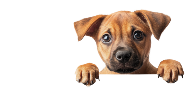 Curious puppy peering over the edge of blank banner, cut out. Isolated on a transparent background. - Powered by Adobe