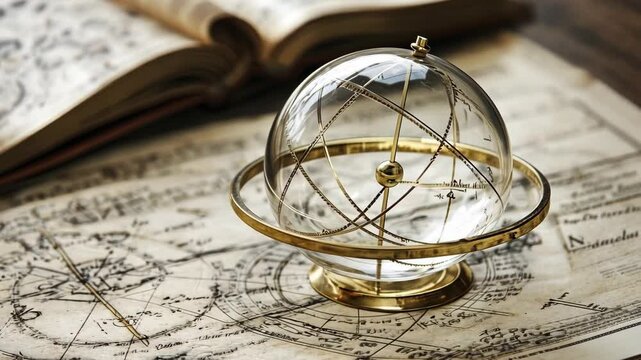 Antique glass celestial globe rests on vintage maps and charts in a warm, cozy study during the afternoon