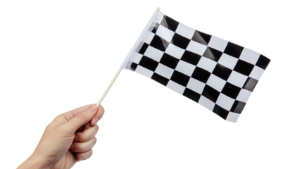 Hand holding checkered racing flag, cut out. Isolated on a transparent background.