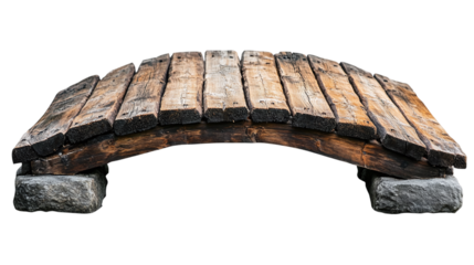 Rustic wooden arch bridge, cut out. Isolated on a transparent background.