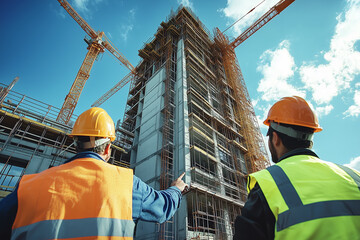 two builders discuss a project near a house under construction