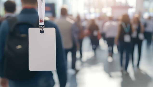 Blank name mock-up badge hanging in front of blurry crowd at business event or conference - Powered by Adobe