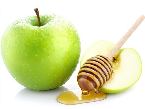 Fresh green apple with honey drizzle on white background