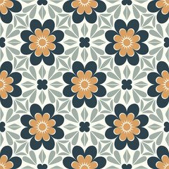 Elegant Ornamental Floral Tile Seamless Pattern in Blue and Beige