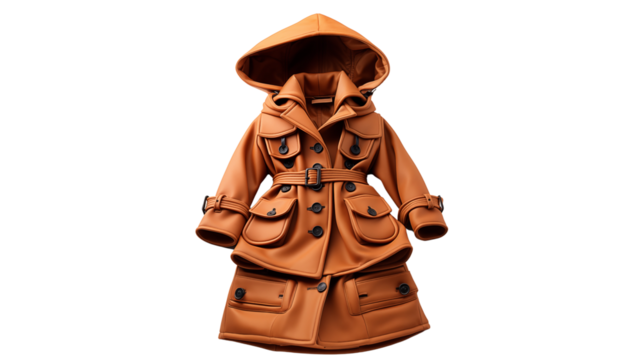 Brown Leather Trench Coat Hooded Autumn Design, Chic and Warm Style for Women.
