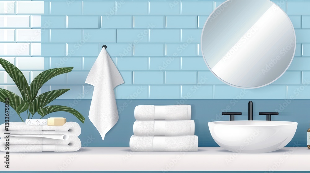 Aufkleber cozy bathroom with neatly folded towels and a calming blue background for hotels and spa salons gene