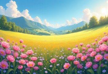 vibrant spring landscape featuring blooming fresh lush natural scenery full color, buds, blossoms, colorful, decoration, environment, expanse, field, flora