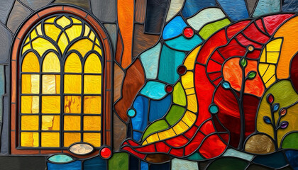 Obraz premium Colorful stained glass window. Multicolored interior design template. Oil painting