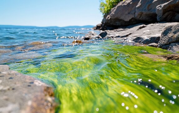 Prehistoric algae thrive along the rocky shoreline of a serene lake under bright sunlight