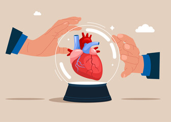 Crystal magic ball with a human heart. Human Heart. Human heart anatomy. Organs symbol. Flat vector illustration