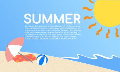 Summer vacation background representing relaxation on beach with sun, beach ball and parasol