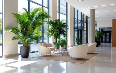 Fototapeta premium Fossil-era plants creating a majestic atmosphere in a modern indoor space with large windows and ample natural light