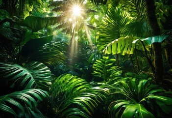 Fototapeta premium vibrant texture tropical leaves illuminated natural sunlight capturing splendor botanical beauty, nature, greenery, plants, foliage, rainforest, exotic