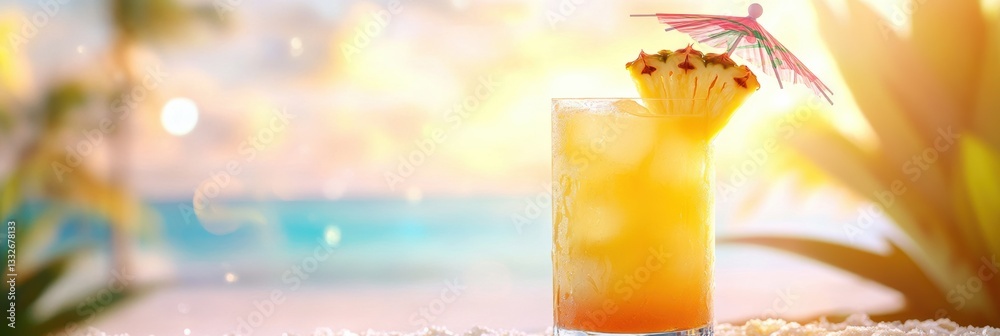 Poster exotic cocktail with pineapple and umbrella reflecting sunlight against beach backdrop for relaxatio