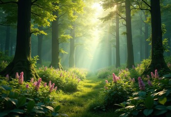 Obraz premium lush green forest landscape ideal nature wallpaper featuring towering thick sunlight filtered through vibrant flora, trees, greenery, wilderness, scenery