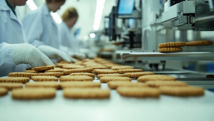 Factory workers stack cookies on a conveyor belt in a food processing plant for sale as food