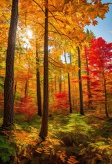 Obraz premium vibrant foliage patterns showcasing autumnal textures rich colors breathtaking canvas, leaves, nature, plants, trees, seasonal, landscape, scenery