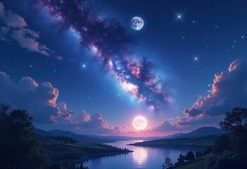 majestic night sky displaying vibrant celestial bodies glimmering luminous dynamic constellations, stars, moon, galaxies, nebulae, astronomy, stargazing