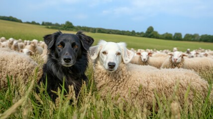 Obraz premium Black and White Sheepdogs Guarding a Flock of Sheep in a Green Field