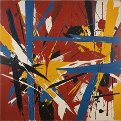 The abstract artwork contains a vibrant mix of shapes and colors
