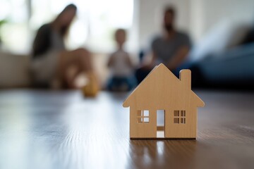 Wood house on floor with family. Home buying concept, mortgage, or insurance in background
