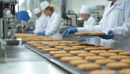 Bakery workers inspect cookies on conveyor belt in clean industrial food production background