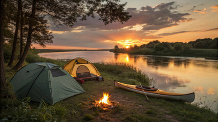 Two camping tents with campfire and kayak on a grassy riverbank under a vibrant sunset sky, cozy outdoor experience