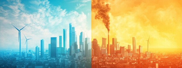 Fototapeta premium Contrast Between Clean Energy City and Polluted Urban Landscape