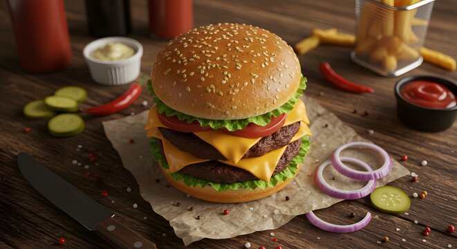 Delicious double cheeseburger with lettuce tomato and onions bun eat food meat beef meal salt tasty