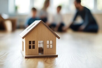 Family home buying, new house model, kids playing, moving day